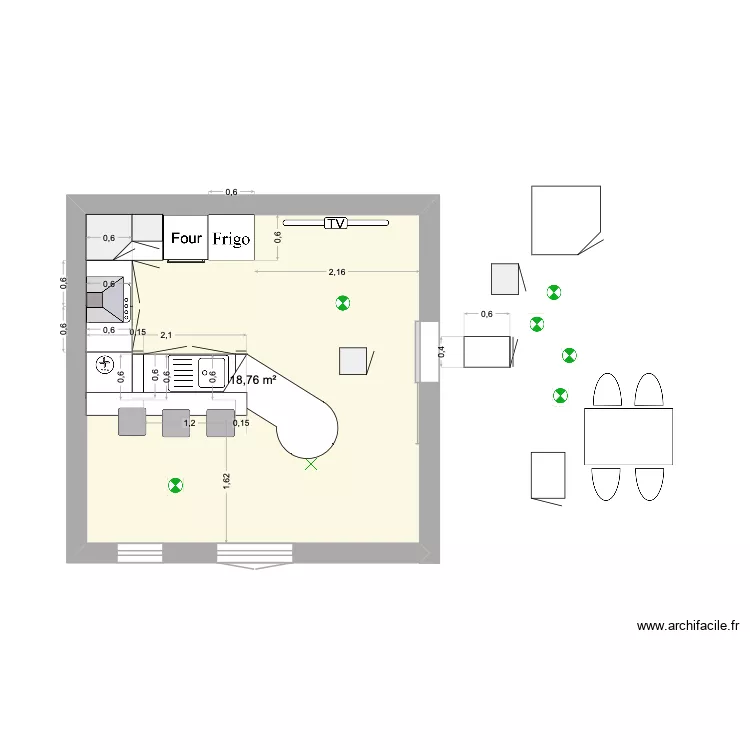 plan cuisine 2. Plan de 1  et 19 m²