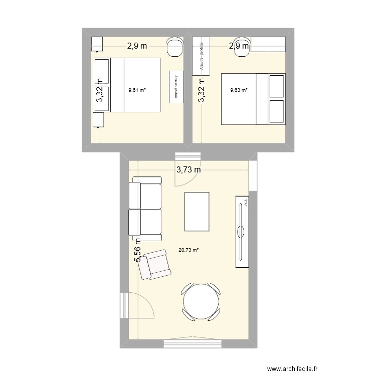 Salon. Plan de 3 pièces et 40 m2