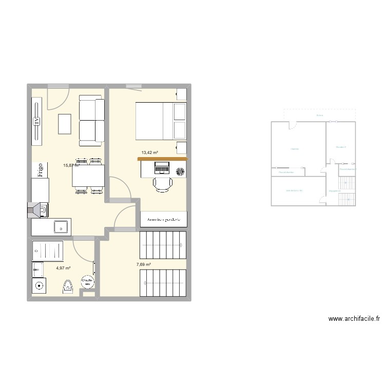 R+1. Plan de 4 pièces et 42 m2