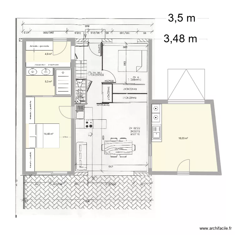 option chambre garage Conservation des toilettes. Plan de 4  et 43 m²