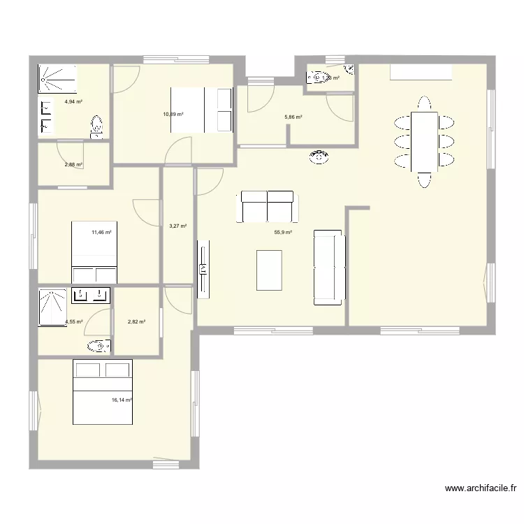 Maison 110 en L. Plan de 