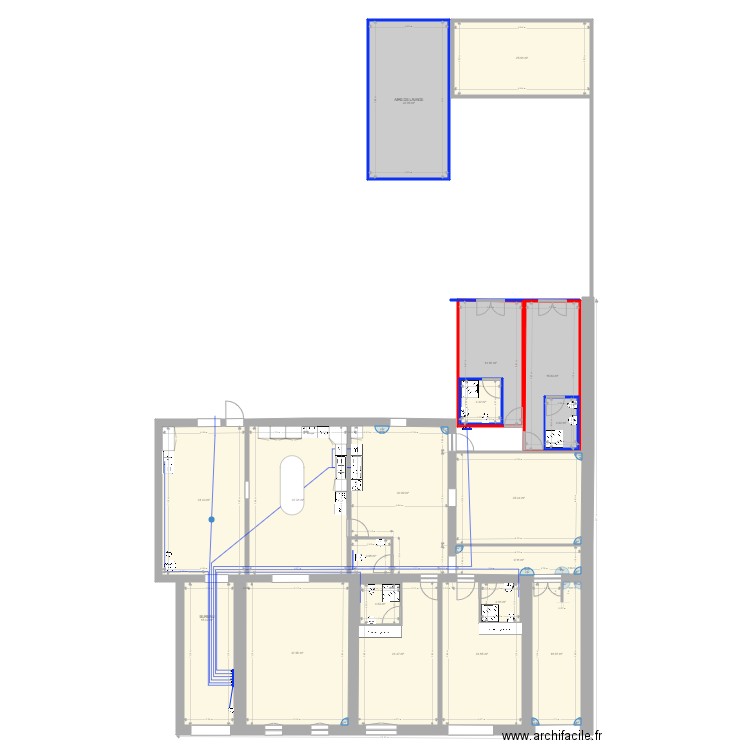 Alimentation en eau RDC. Plan de 19 pièces et 392 m2