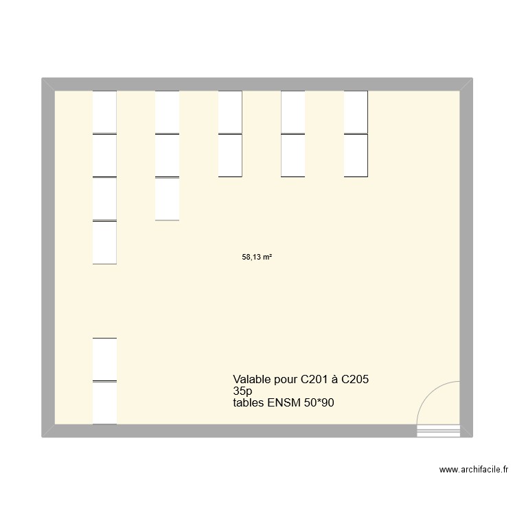 SALLE enseignement classique C201 à 205 mobilier ENSM 2. Plan de 1 pièce et 58 m2