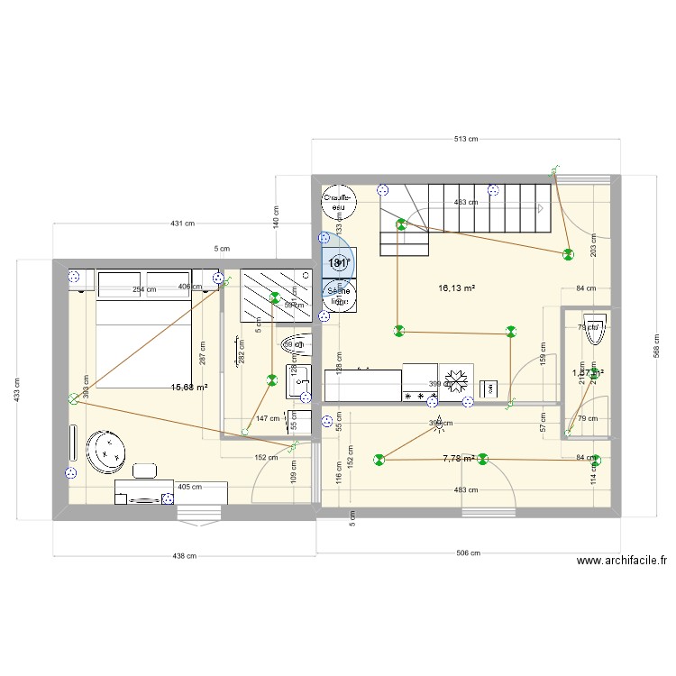 RDC_Chambre_Buanderie_Entrée. Plan de 4 pièces et 41 m2