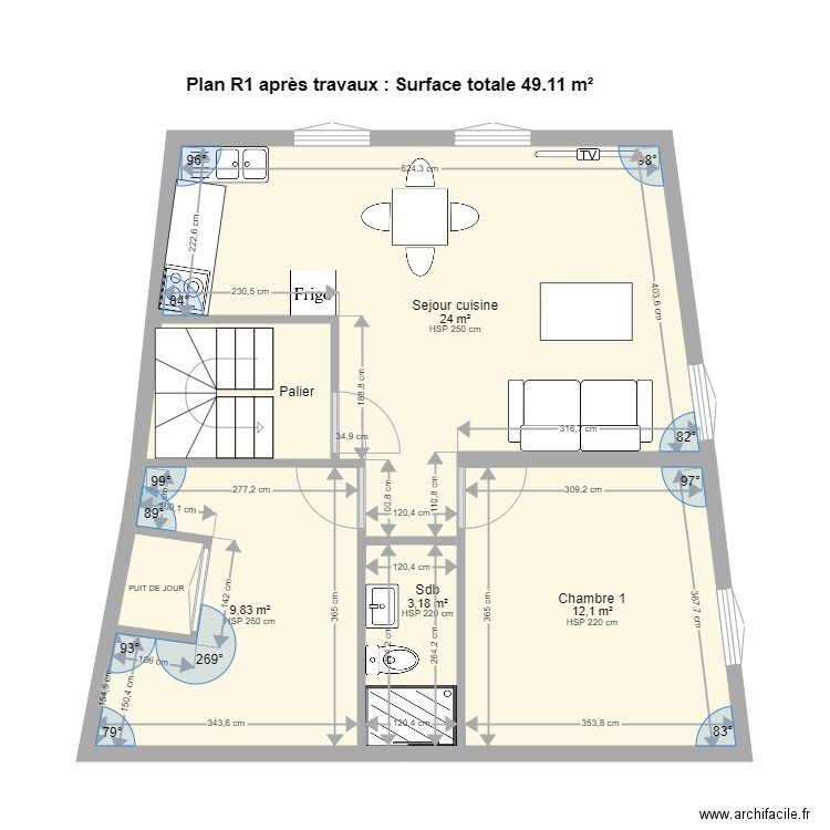 PAMIERS3 R1 après travaux. Plan de 6 pièces et 54 m2