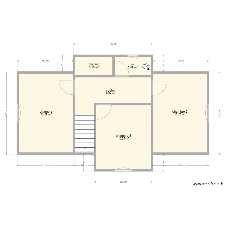 Etage maison poix terron. Plan de 6 pièces et 51 m2