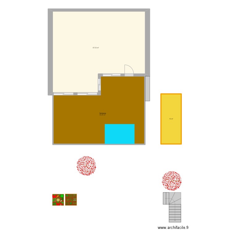 terrasse piscine. Plan de 3 pièces et 131 m2
