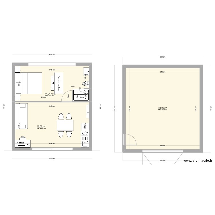 studio. Plan de 3 pièces et 66 m2