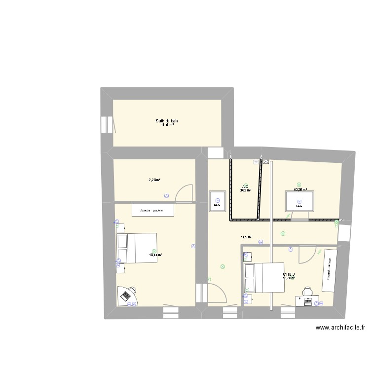Maison Celles étage. Plan de 7 pièces et 78 m2