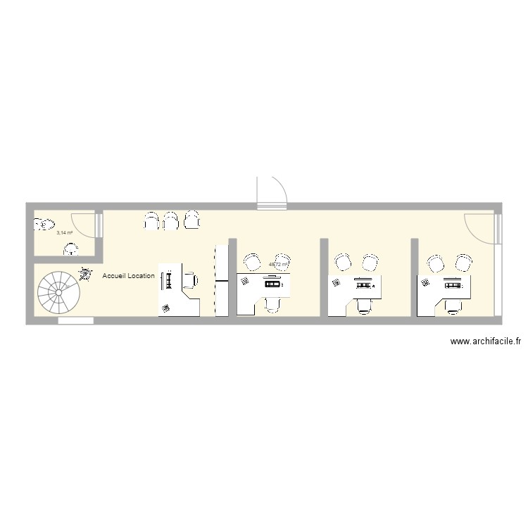 amenagement agence 3 VH dédié location 4 bureaux. Plan de 2 pièces et 52 m2