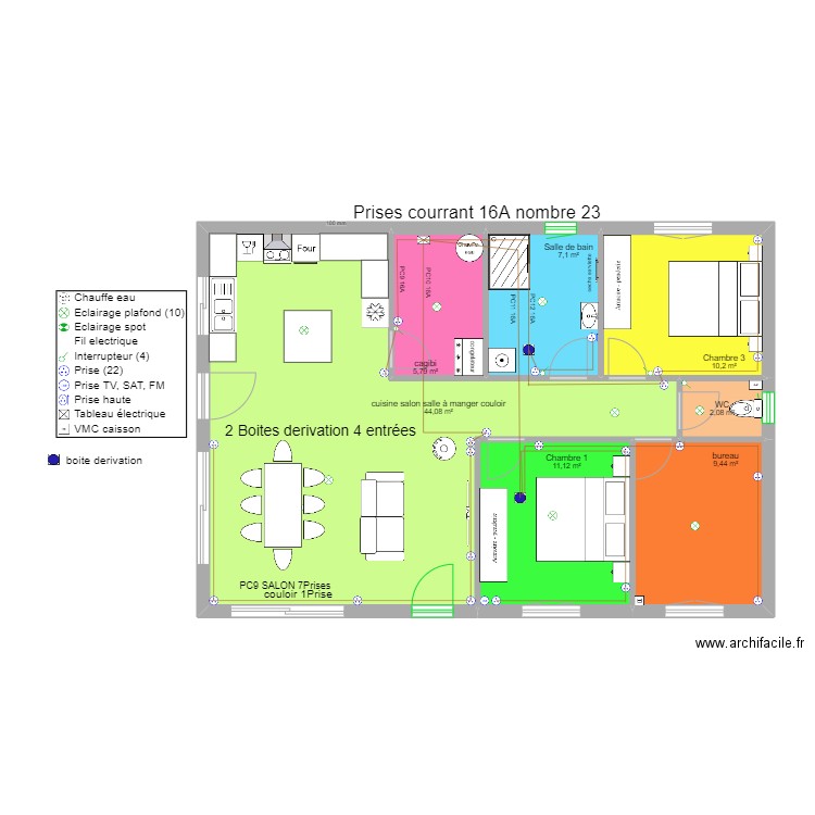 01elec prises courrant 16A. Plan de 7 pièces et 90 m2