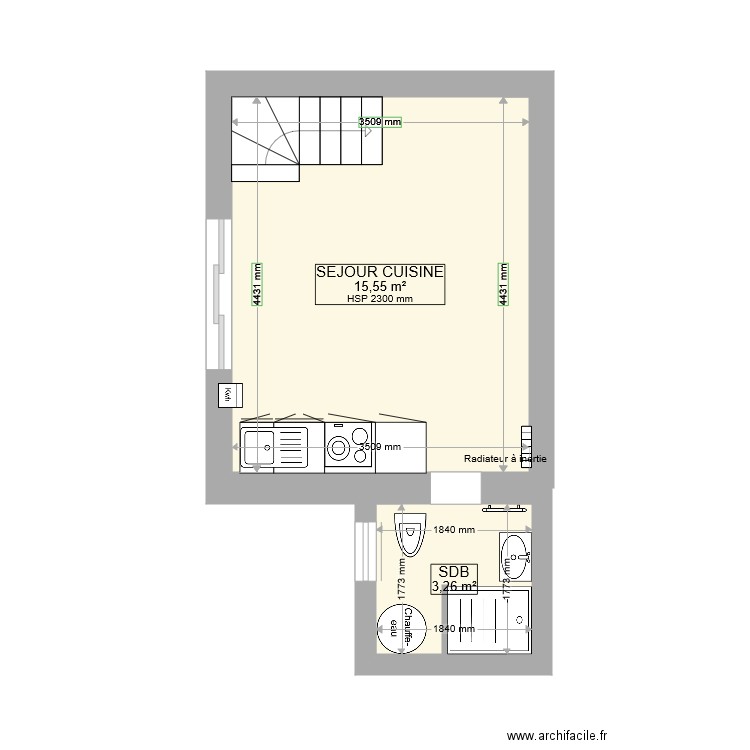 PROJET SOULARD. Plan de 2 pièces et 19 m2