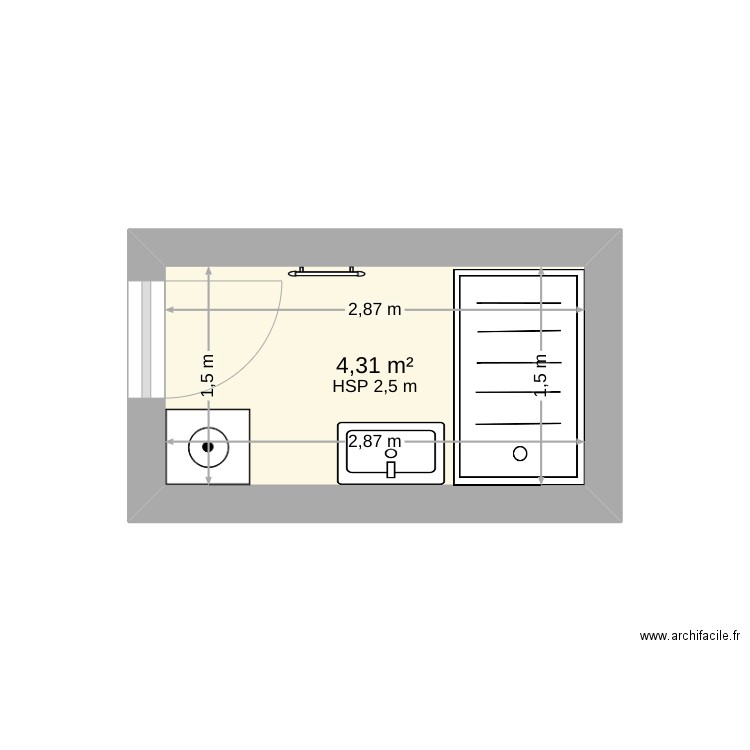 SDB gleyses. Plan de 1 pièce et 4 m2