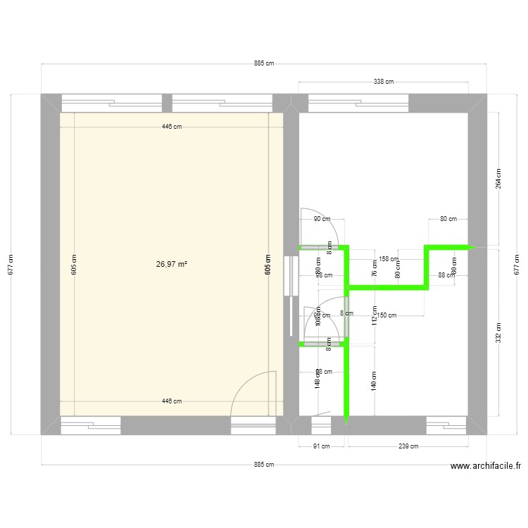 extension dalle 2 cloisons portes. Plan de 1 pièce et 27 m2