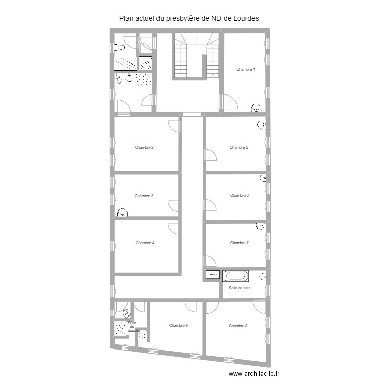Plan actuel du presbytère de ND de Lourdes. Plan de 16 pièces et 180 m2
