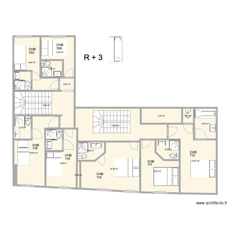 THEATRE R+3. Plan de 20 pièces et 109 m2