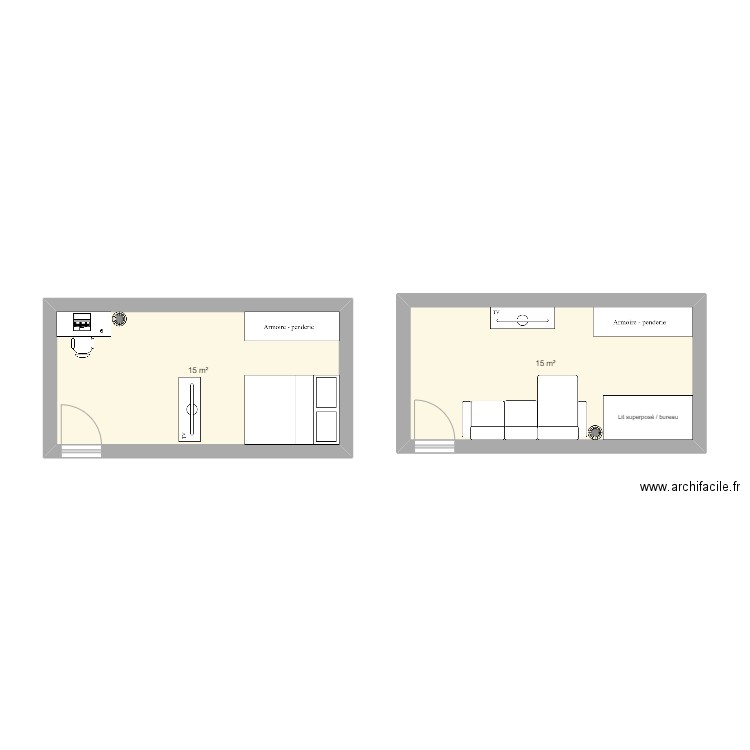 Chambre 15m2. Plan de 2 pièces et 30 m2