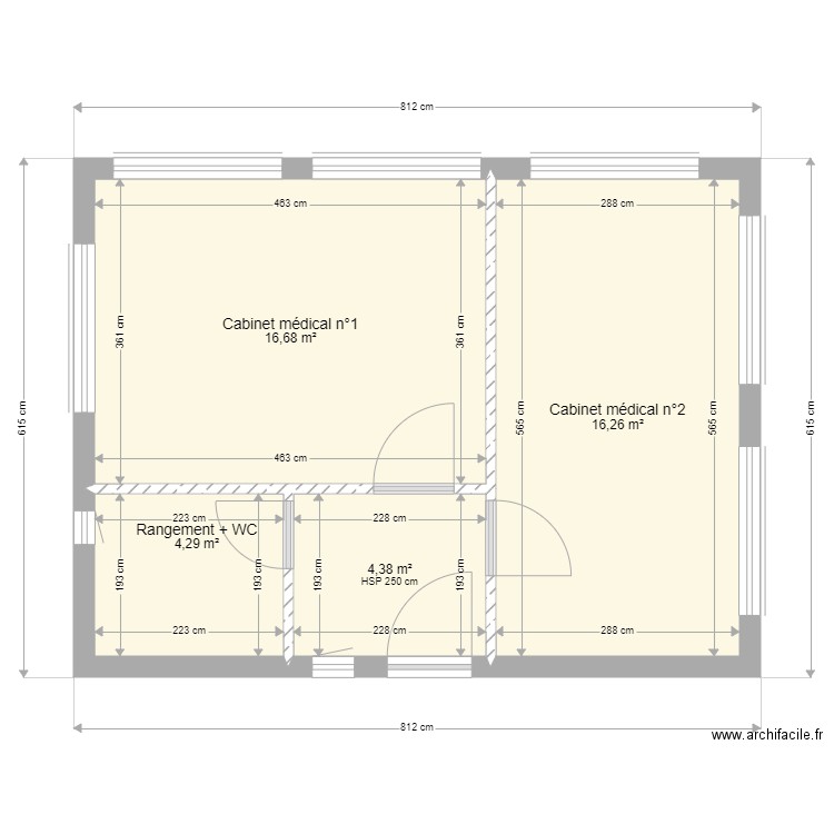 Cabinet médical 2 D 50 m2. Plan de 4 pièces et 42 m2