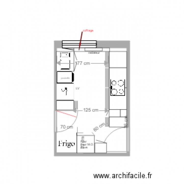 cuisine 5 meubles bas. Plan de 1 pièce et 9 m2