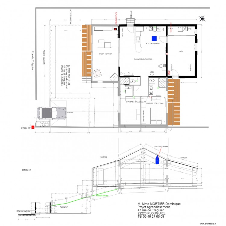 PLOUGUIEL  PLAN ET COUPE COUREUR. Plan de 0 pièce et 0 m2