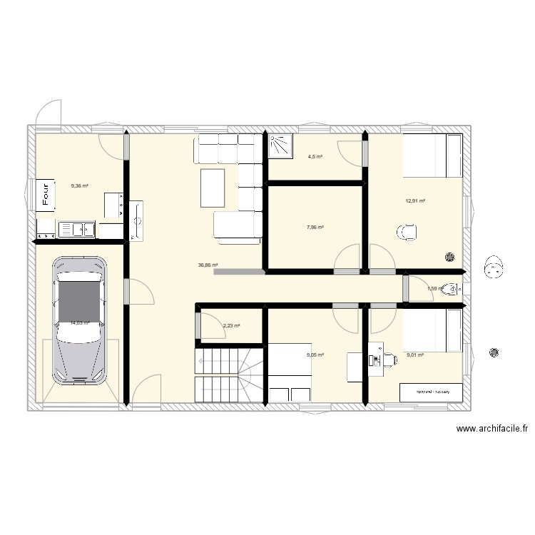 Plan maison 9x14. Plan de 10 pièces et 108 m2