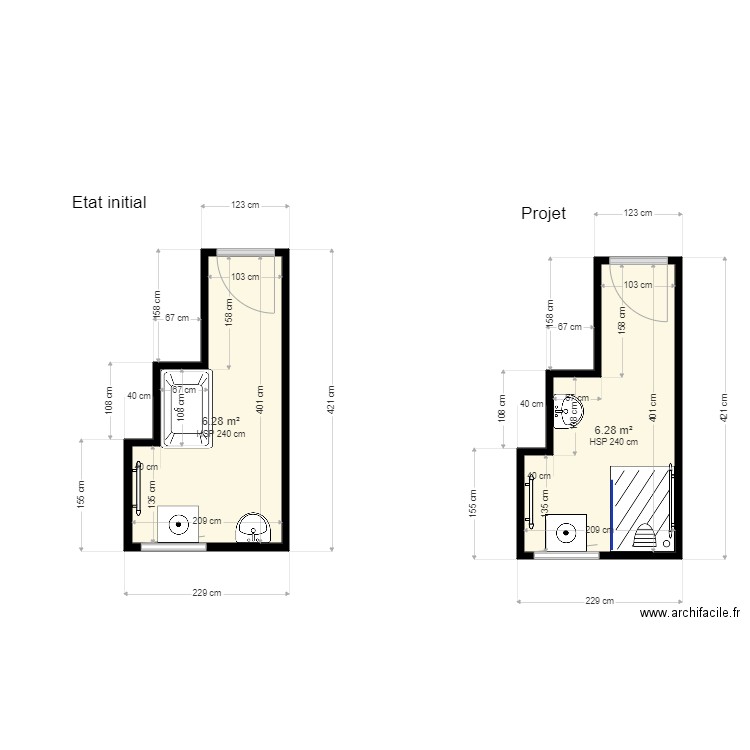 Liabeuf SDB. Plan de 2 pièces et 13 m2