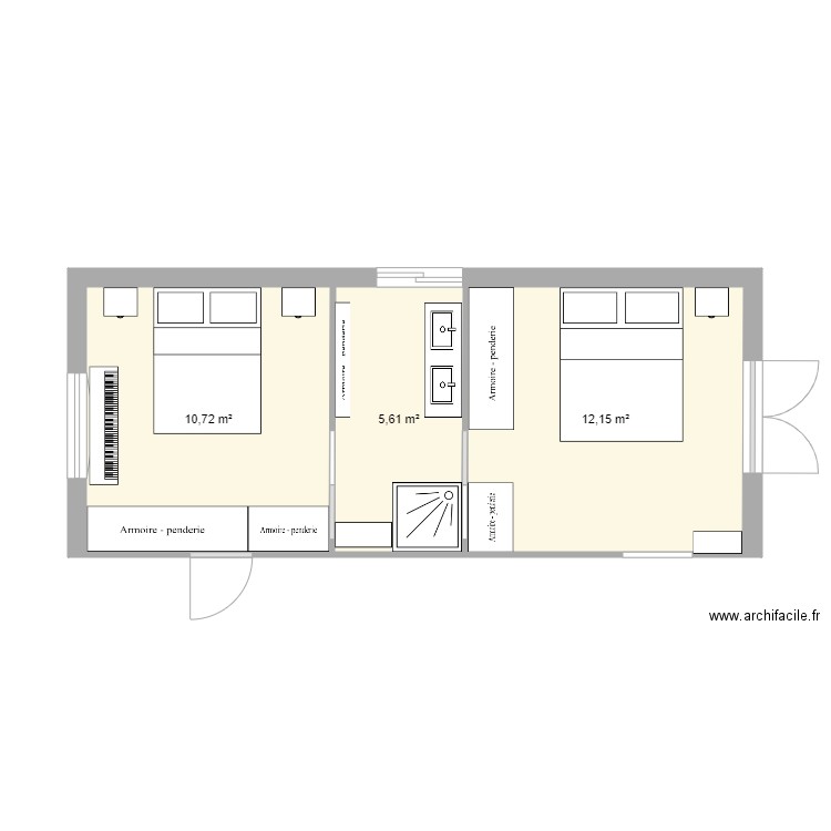 chambres et sdb. Plan de 3 pièces et 28 m2