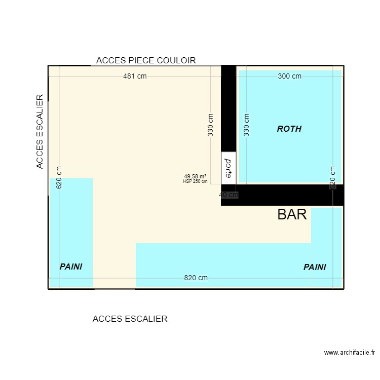 SALLE BAR HAUT. Plan de 1 pièce et 50 m2