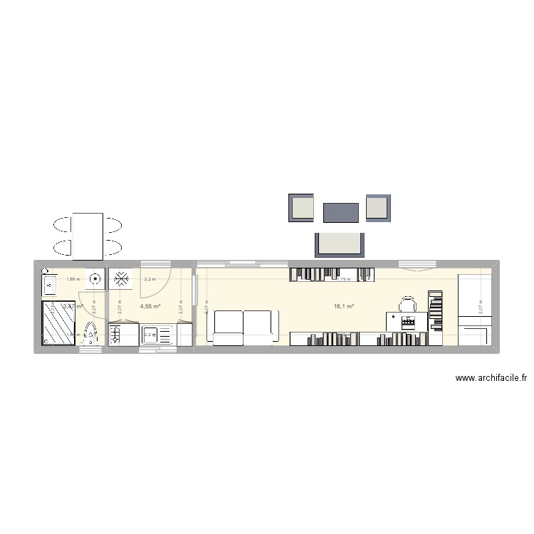 Container 40 feet nouvel essai. Plan de 3 pièces et 24 m2