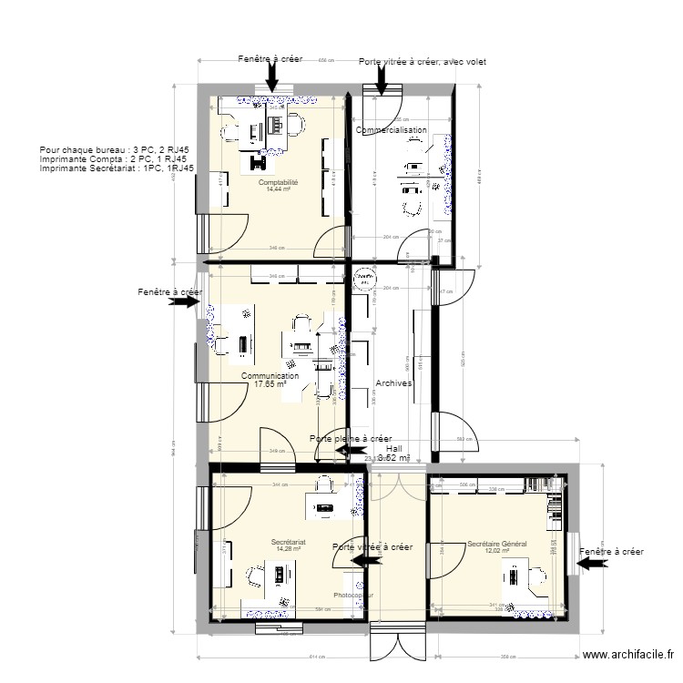 Bureaux Secrétariat USM. Plan de 4 pièces et 77 m2