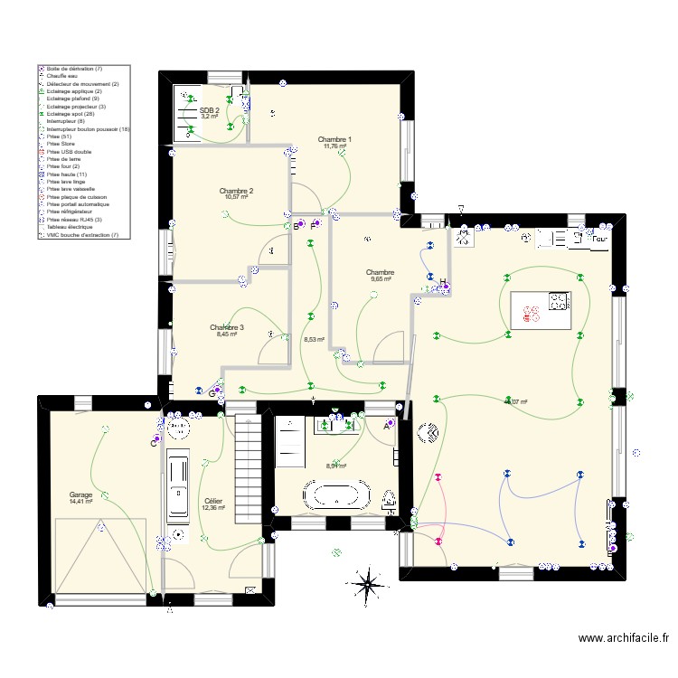 electricité. Plan de 10 pièces et 134 m2