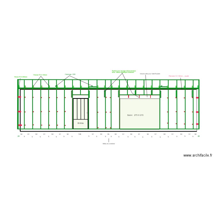 Ossature coté salon. Plan de 1 pièce et 35 m2