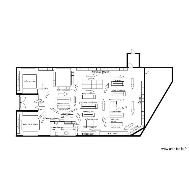 magasin wibra. Plan de 4 pièces et 35 m2