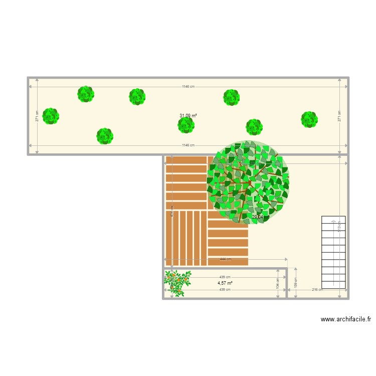 jardin. Plan de 3 pièces et 65 m2