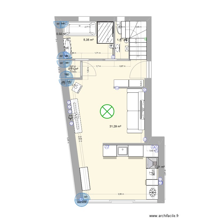 denans. Plan de 7 pièces et 39 m2