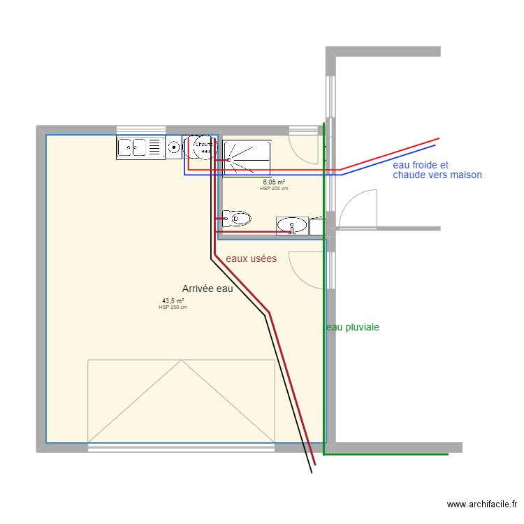 SDB canalisations dans dalle. Plan de 2 pièces et 50 m2