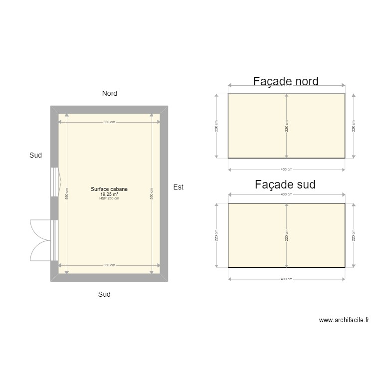 cabane_jardin_Chilly_surface et facades N&S. Plan de 1 pièce et 19 m2