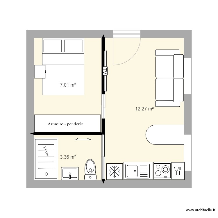 studio 1. Plan de 3 pièces et 23 m2