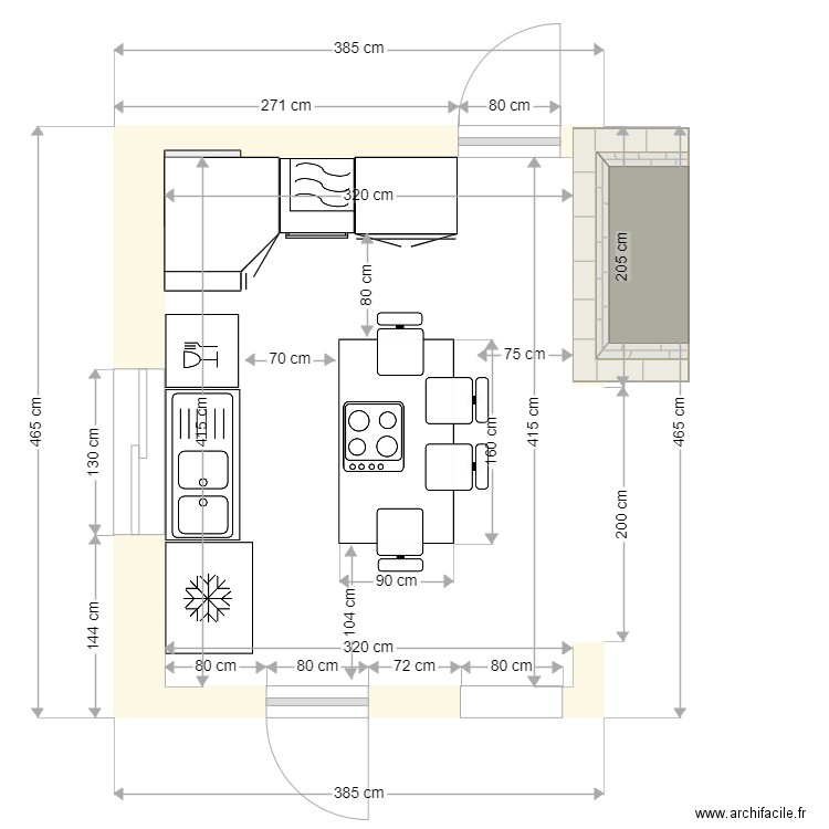 Cuisine Mayac avec implantation V1. Plan de 1 pièce et 13 m2