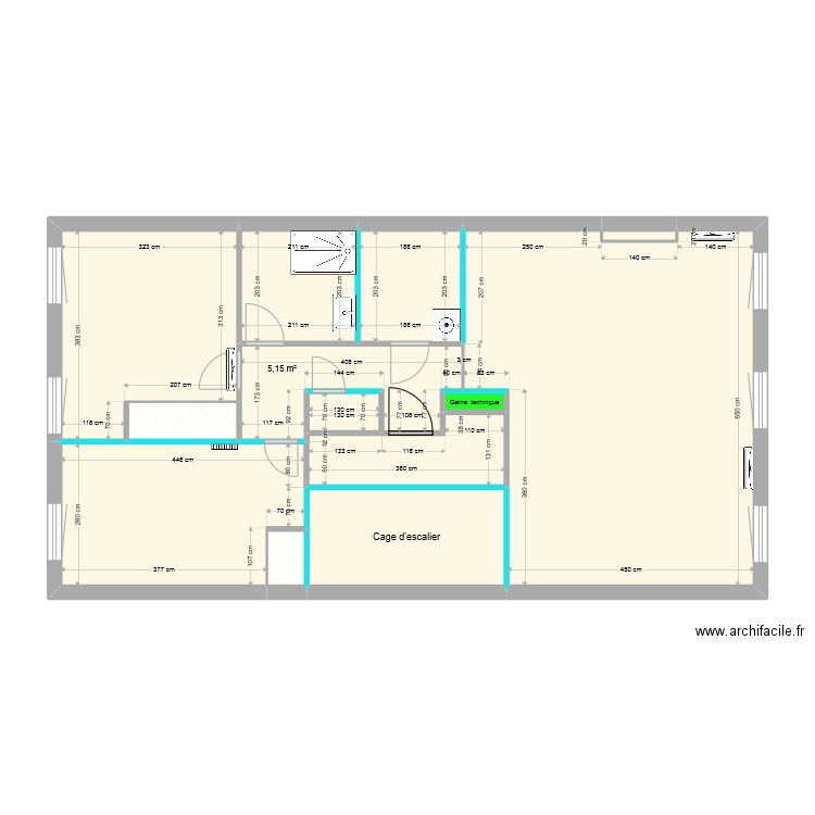 Dimensions T3 traversant 2ème étage. Plan de 13 pièces et 80 m2