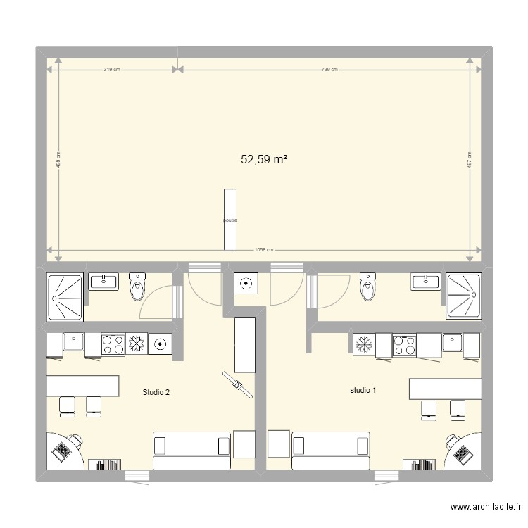 Vestiaiare-Buanderie-2 studios étage. Plan de 5 pièces et 99 m2