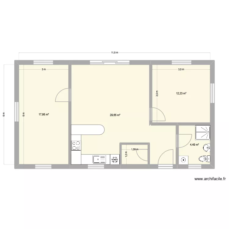 69m2. Plan de 5  et 66 m²