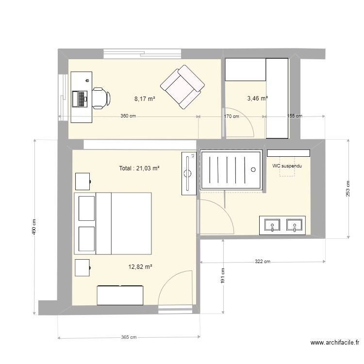 Chambre d'amis RdC extension V050622. Plan de 4 pièces et 31 m2