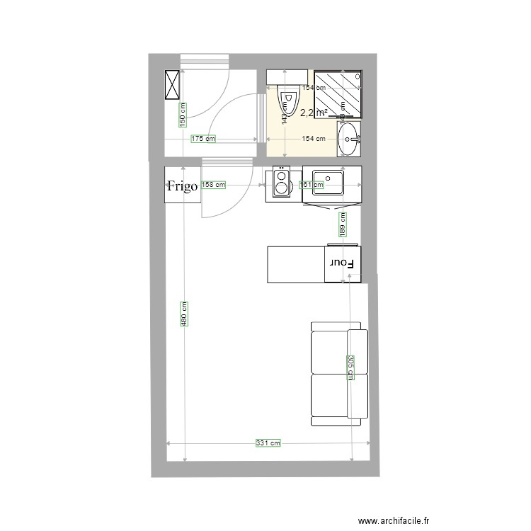 Smolett. Plan de 1 pièce et 2 m2