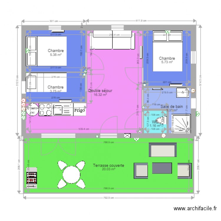 Plan GreenCottages 3 chambres cuisine coursive. Plan de 0 pièce et 0 m2