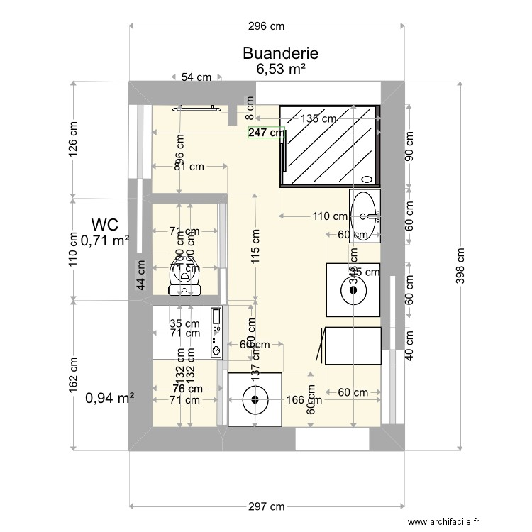 Buanderie carré . Plan de 3 pièces et 8 m2