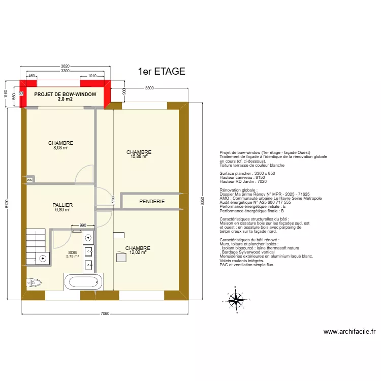Projet de bow-window fa&ccedil;ade Ouest. Plan de 15 pièces et 183 m²