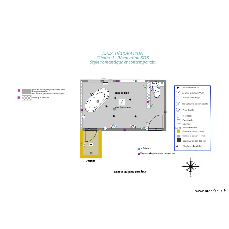 Murs peinture et céramique. Plan de 2 pièces et 13 m2