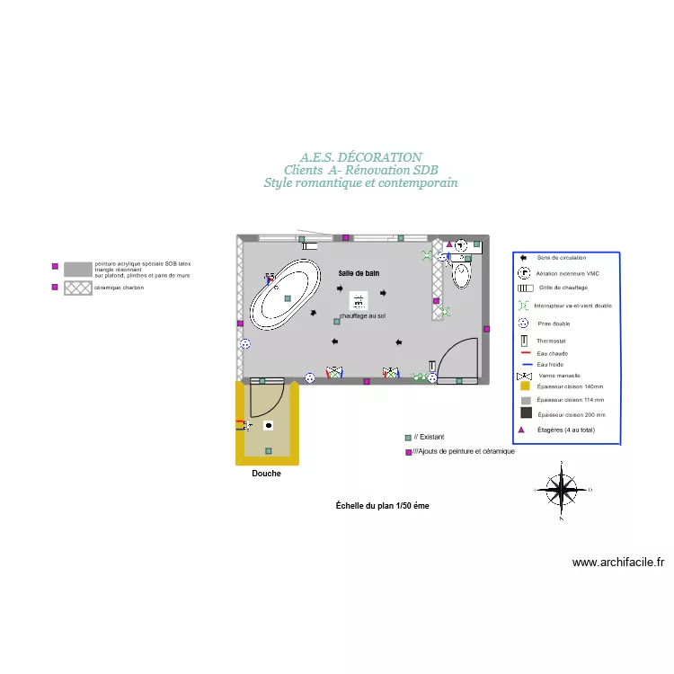 Murs peinture et c&eacute;ramique. Plan de 