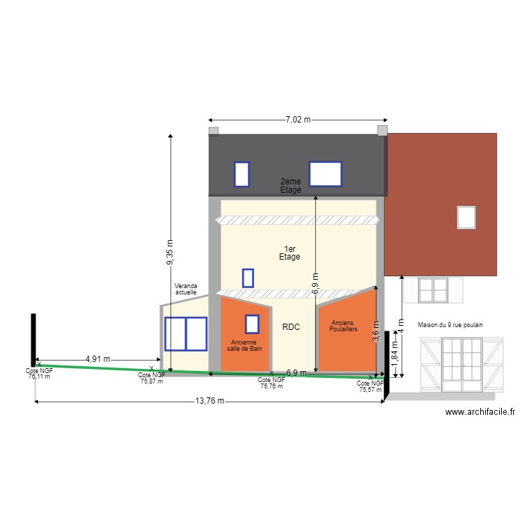 Facade Actuelle. Plan de 6 pièces et 42 m2